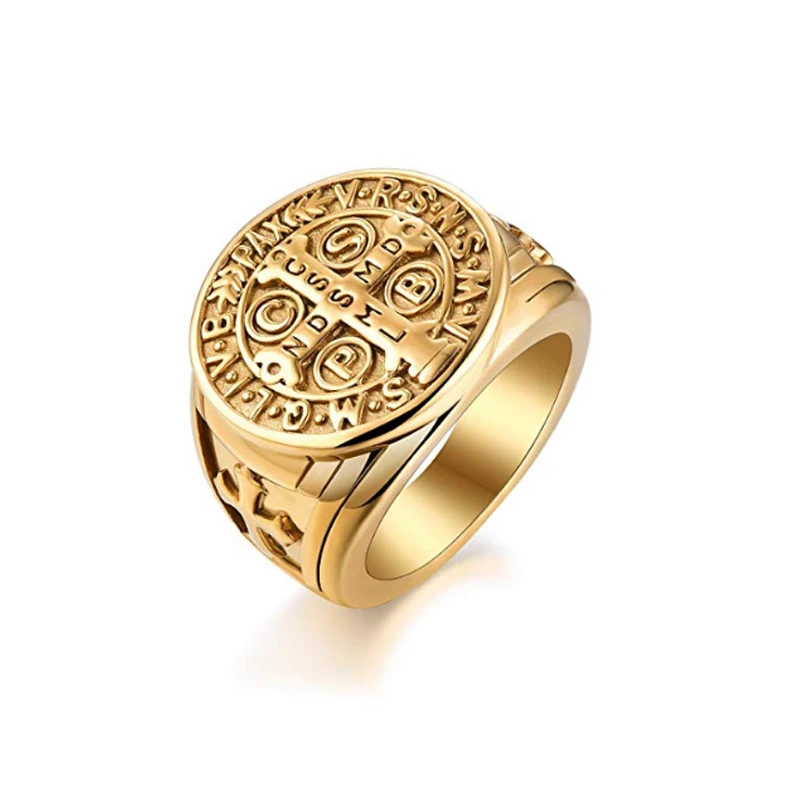 

Men Vintage Silver Gold Black Two-Tone Holy Cross Signet Ring Prayer Christian Jesus Religious Cocktail Valentine Male Ring