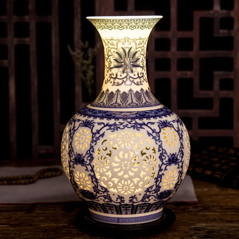 Цзиндэчжэнь полая керамика Ваза китайская голубая и белая ажурная ваза украшение гостиной фарфоровая ваза для цветов R1869