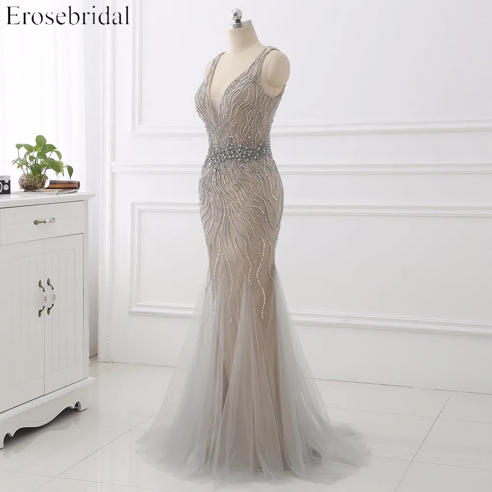 Женское длинное вечернее платье Русалка Erosebridal серое роскошное со шлейфом и
