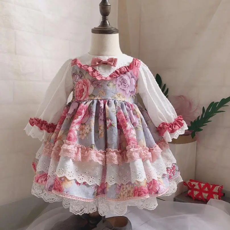 

2019 Autumn New Spanish Lolita Girl Dress Birthday Party Long Sleeve Print Lace Spliced Dress Modis Kids Clothes Vestidos Y1734