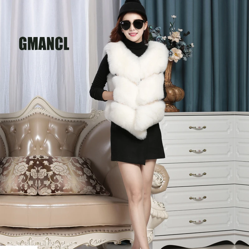 GMANCL Fashion Women Winter Faux Fox Fur Vest For High Grade Warm Coat Female Ladies Girl 48cm |