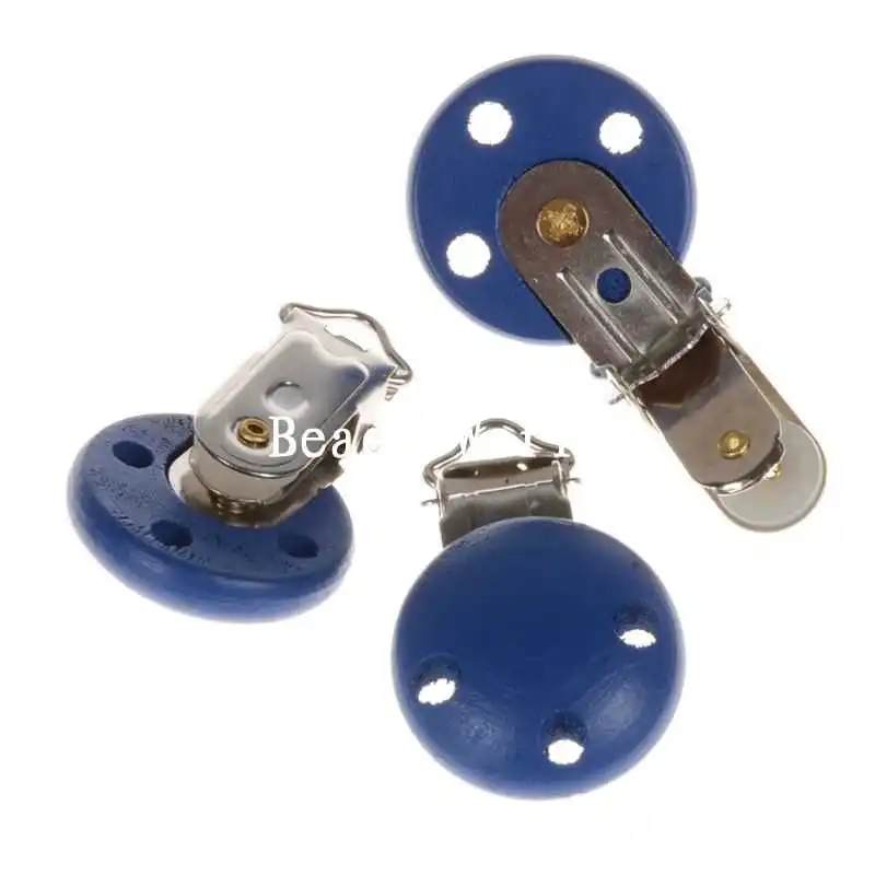 

5 Pcs High Quality Blue Three Holes Round Wood Baby Pacifier Clip Holders Kids Feeding Cute Infant Soother Clasp 45x29mm