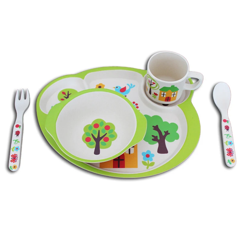 Pratos de Bambu Louça de Alimentação Recipiente de Alimentos Crianças Infantil Louça Garfo Colher Copo Criança Tigelas Utensílios T0525 12 Mamãe e Bebê