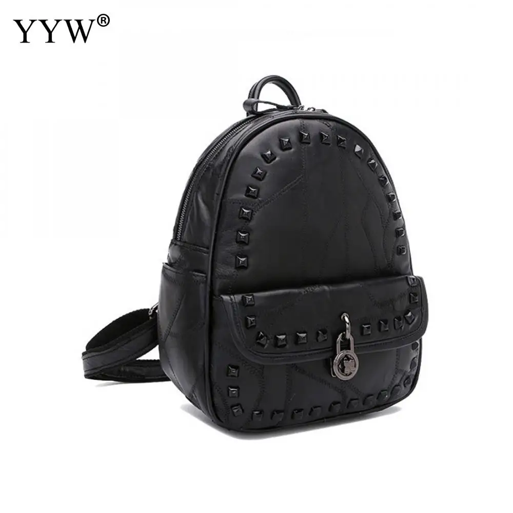 

New Fashion Black Rivet GoatSkin Genuine Leather Luxury Women Vintage students school bags