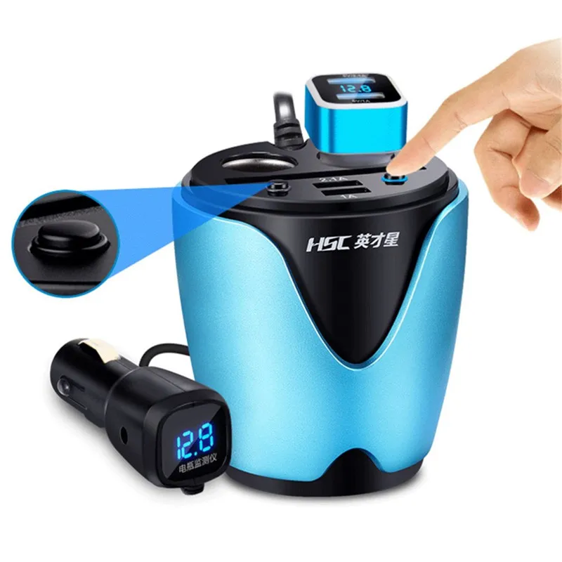 

NEW ABS engineering plastics 1A 2.1A 2 USB Cigarette Socket Cup Holder Car Charger with Voltage Detector Auto Car Accessories