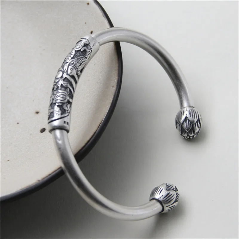 

JINSE New Pure S990 Sterling Silver Bracelets For Women Brand Luxury Elegant Lotus Fish Carved Bangle Fine Jewelry 8mm 22.10G