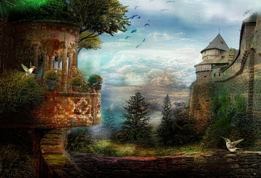 

Laeacco Fairytale Cloudy Sky Castle Pavilion Scenic Photography Backgrounds Vinyl Custom Photographic Backdrops For Photo Studio