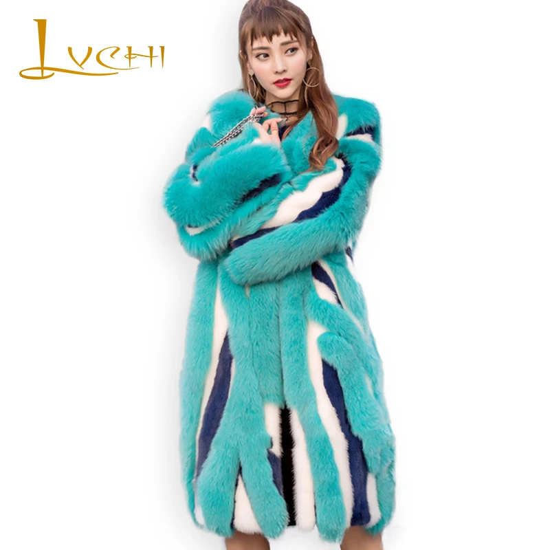 

LVCHI Winter 2019 Imports Contrast Color Mink Coat Real Mink Fur Coat Natural Fur With Fox Fur Women's Long Patchwork Mink Coat