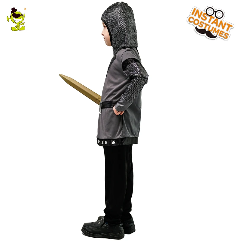 Рыцарские Костюмы воинов для мальчиков, черный рыцарский костюм с капюшоном для Хэллоуина, карнавальный костюм