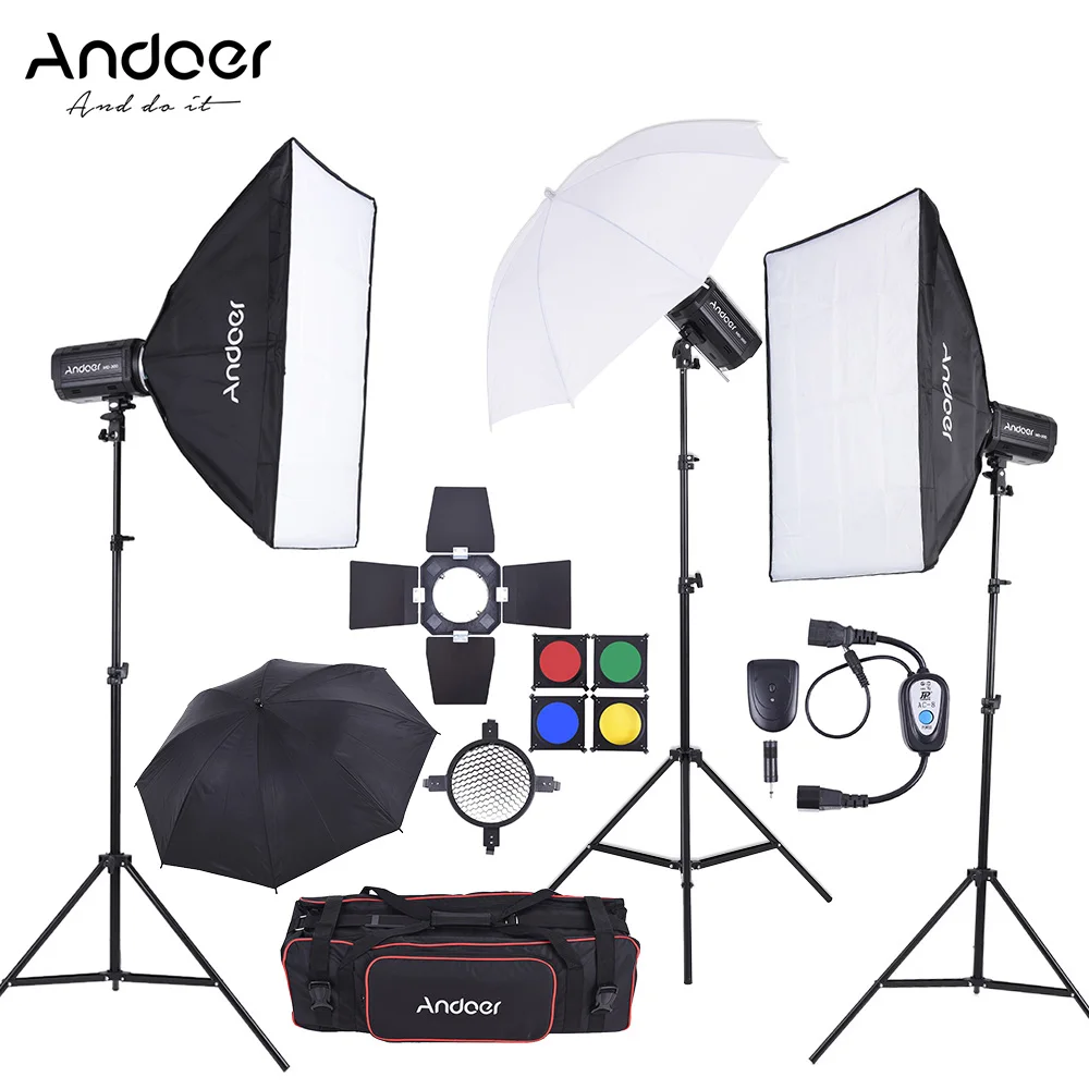 Andoer MD 300 900W (300W * 3) студийный стробоскоп набор вспышесветильник с подсветильник