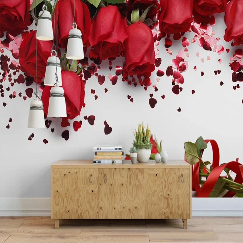 Пользовательские Настенные обои Современные Простые красные розы Романтические цветы фото настенная живопись Дворец бракосочетаний гостиная домашний декор фрески