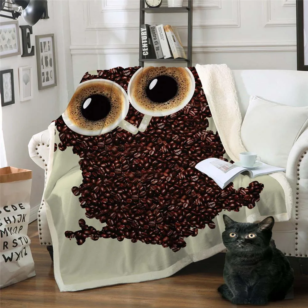 

Owl 3D Printed Blanket Microfiber Coffee Beans Plush Sherpa Throw Blanket on Bed Vivid Bedding mantas para cama