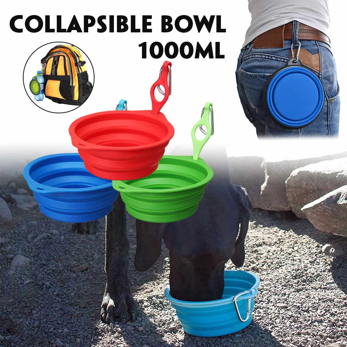 Портативная миска для домашних животных 1000 мл, универсальный инструмент для еды, силиконовая водная тарелка для кошек, портативная кормушка для щенков, путешествий для домашних животных