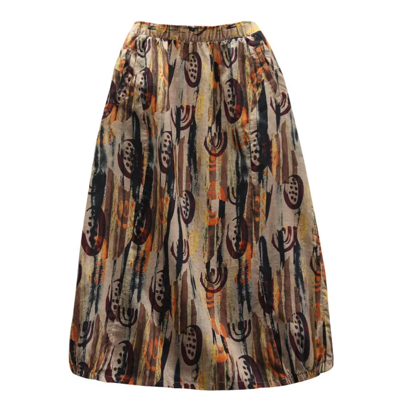  Ethnic Print Long Skirts Women High Waist Midi Skirt Linen 2019 Summer All-Match Skirt Ladies Green Beach (6)