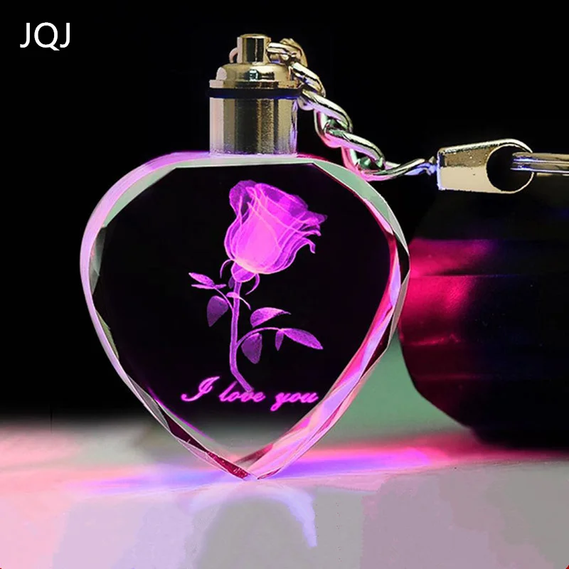 JQJ Love Heart Crystal LED Light Keychain 3D Laser Rose Engraved Color