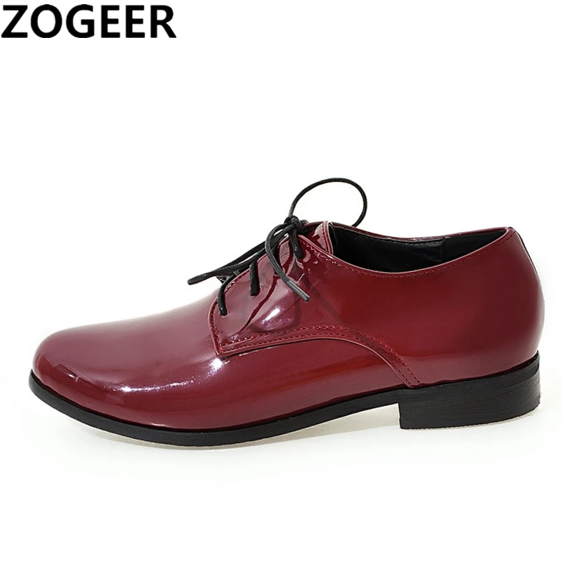 

Plus Size 48 Patent Leather Women Oxfords Shoes For Spring Pointed Toe Platform Low Heels Pumps Brogue Shoes Woman Black Red