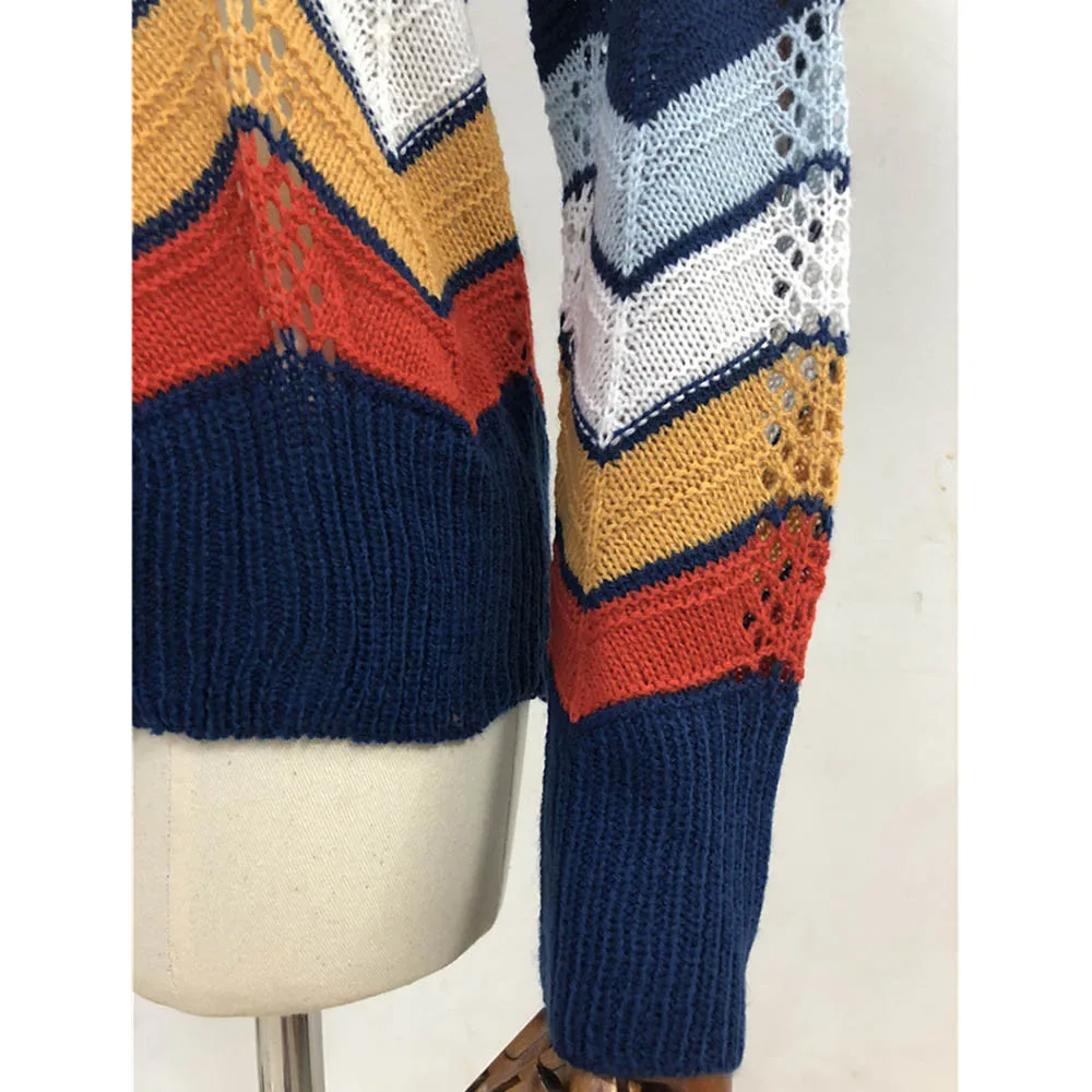 Модный женский свитер на осень и зиму, повседневный вязаный пуловер в полоску, динамический цветной свитер, Pull Femme Hiver