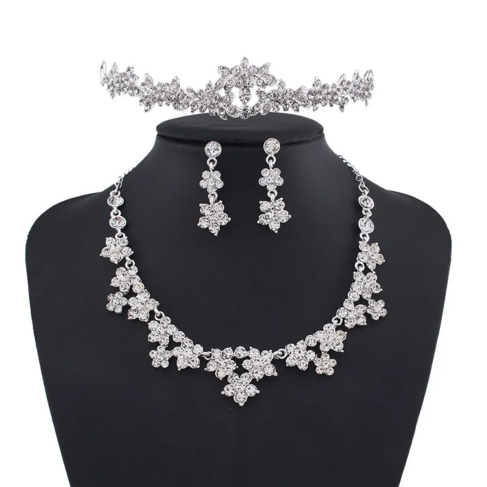 SHOSIXUAN Wedding Pearl Crown Tiara Flower Rhinestone Crystal Neckalce and Earrings Jewelry Sets for Bridal (3)