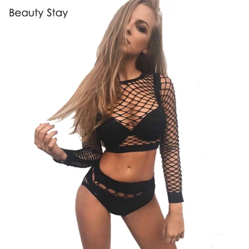

BeautyStay Women Hollow Out Fish Net Mesh Bodysuit Two Piece Set Long Net Sleeve Sexy Stripper Club Jumpsuit Rompers Overalls