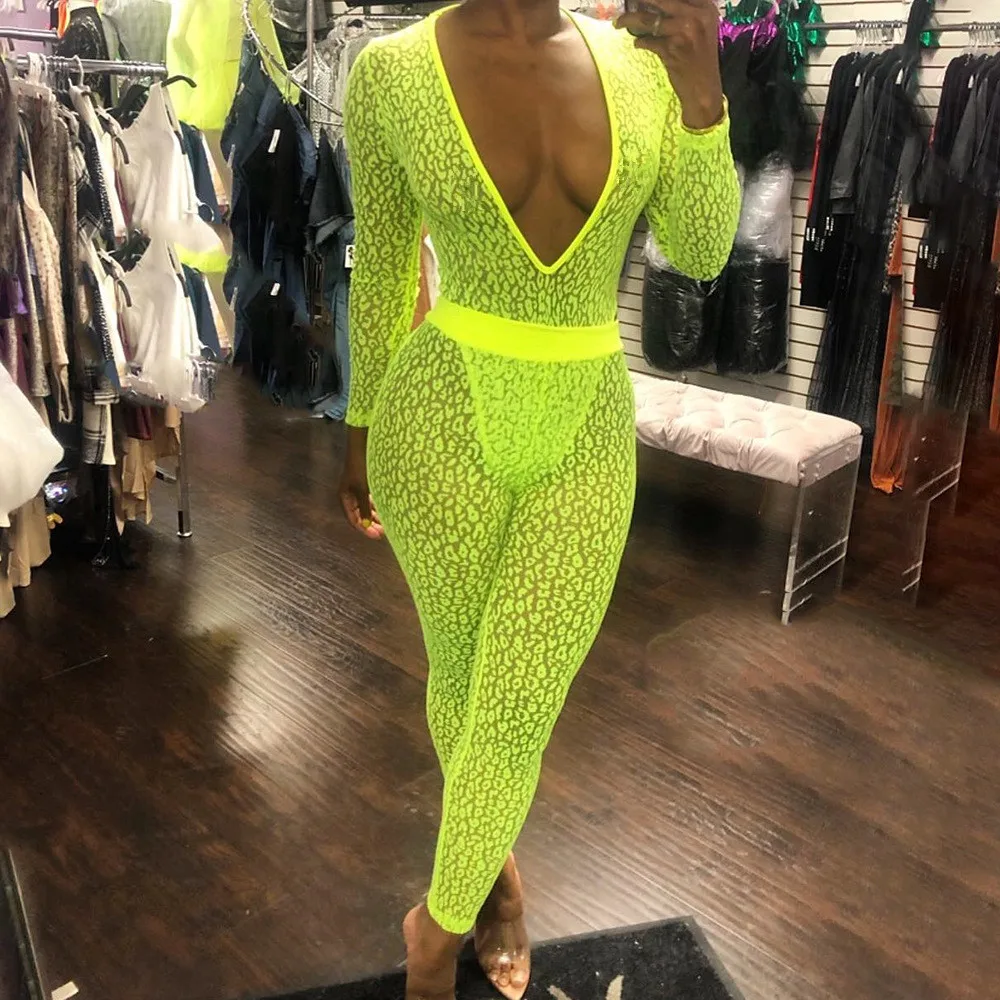 

BKLD Neon Summer Clothes For Women 2019 Women 2 Piece Sets Sexy Clubwear Leopard Mesh Sheer Bodysuit And Pants Two Piece Outfits