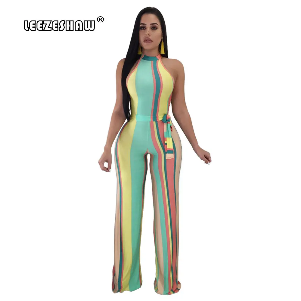 Leezeshaw Chromatic Striped Jumpsuit for Women 2018 Sexy Off Shoulder Rompers Playsuit Sleeveless Straight Jumpsuits With Sashes Jumpsuits and Playsuits