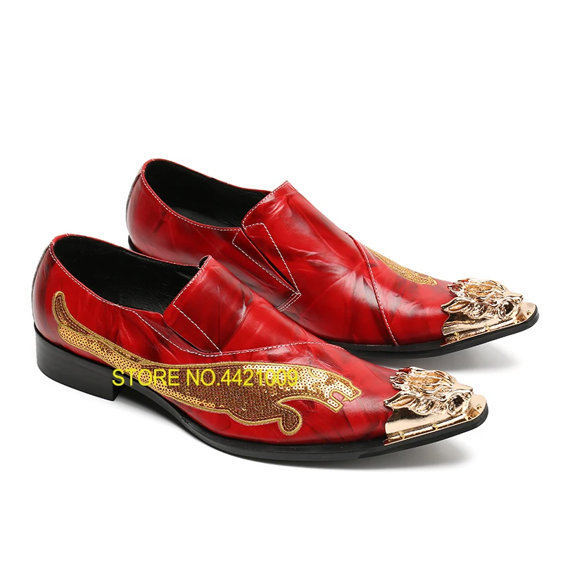 

Red mens wedding shoes barque party shoes man pointed toe slip on genuine leather shoes men fashion sequins metal dragon design