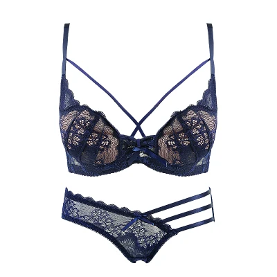 XOUVY Sexy Hollow Women Underwear Sets Embroidery Deep V Lace Bra