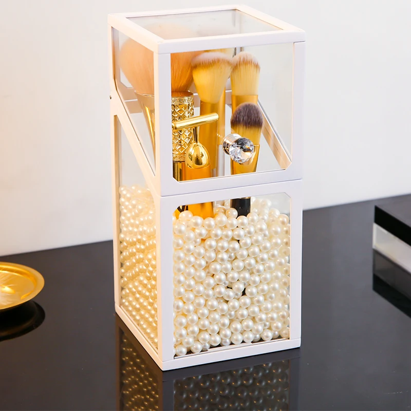 

Free shipping glass makeup pencil brushes pearls storage box with lid glass square cosmetics pen brushes holders with cover