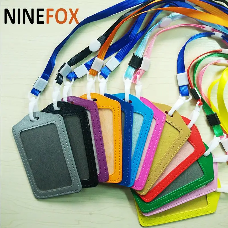 

women men PU Leather Neck Strap Card Bus ID holders candy colors Identity badge with lanyard wholesale Bank Credit Card Holders