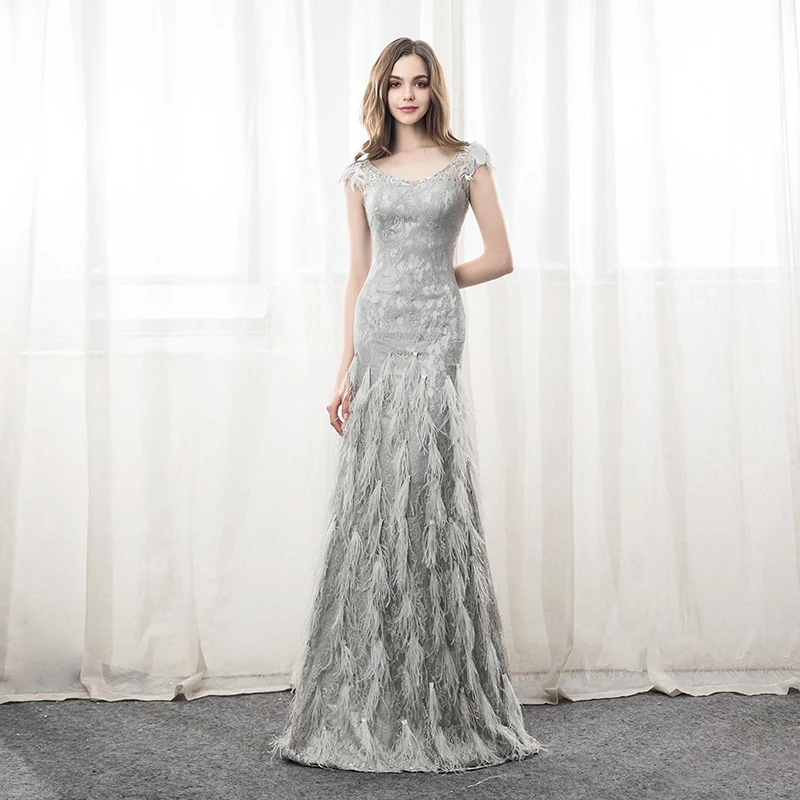 Серое роскошное кружевное платье с рукавами крылышками страуса Vestidos De Festa
