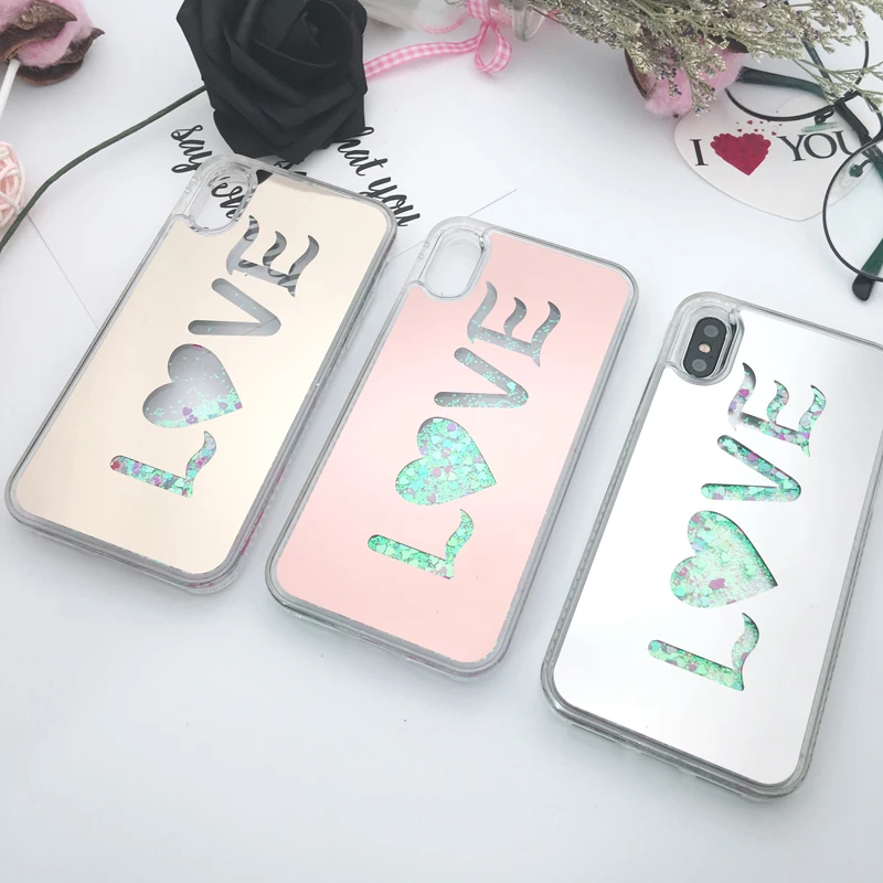 

Luxury Love Mirror Plating Quicksand Glitter Diamond Edge Phone Cover Back Shell Fundas for Apple iPhone 6 6S 7 8 Plus X Case