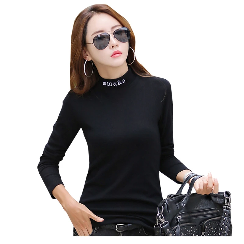

Cotton thick long-sleeved T-shirt Letter embroidered slim women's shirt Solid color casual T-shirt large size bottoming shirt
