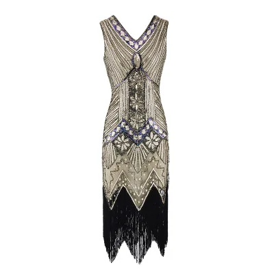 

1920s Great Dress Sequin Beading V Neck Tassel Flapper Dress Robe Vintage Black Party Long Summer Dress Women Vestidos