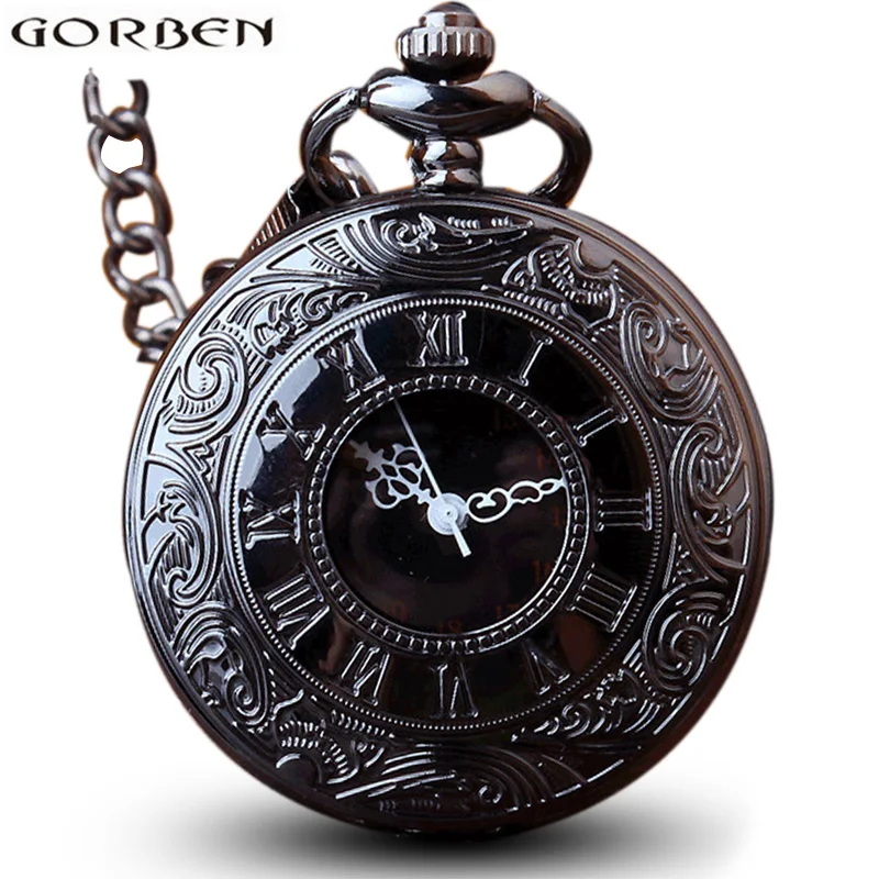 

Antique Steampunk Charm Black Quartz Necklace Pocket Watch Women Wen Hollow Vintage Fob Clock With Chain Pendants Gift