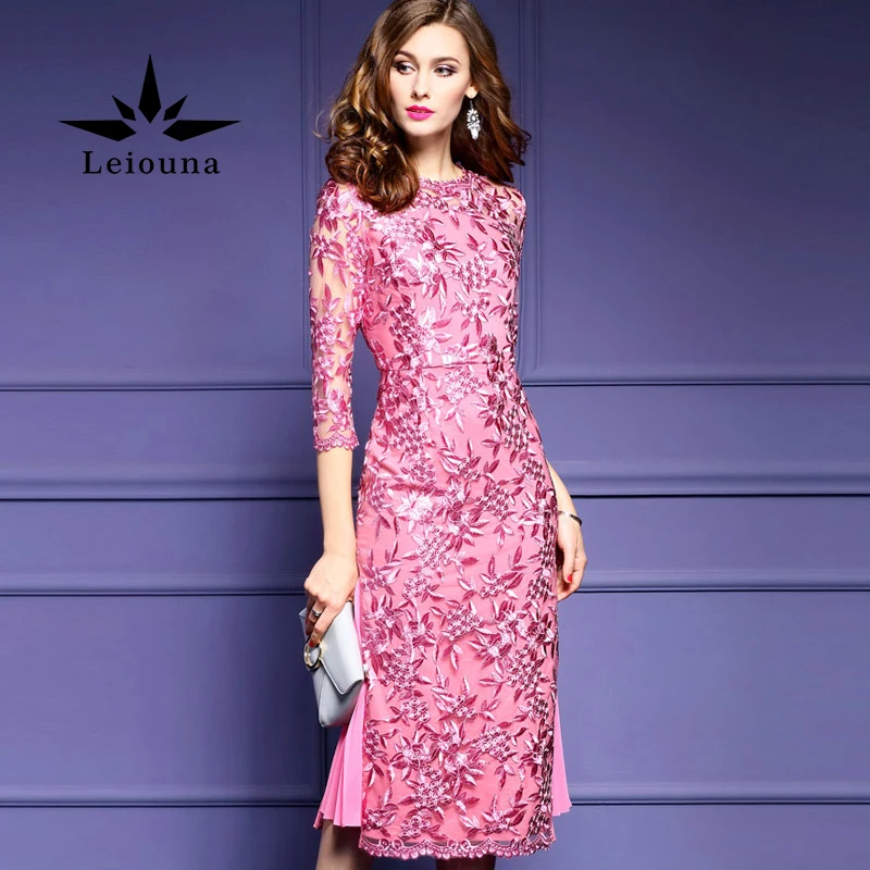 Leiouna Розовый выдалбливают вышивка сетка лист посылка Винтаж 50s Bige Размер 4xl кружевное весеннее платье для женщин Vestidos новое поступление - Цвет: roses