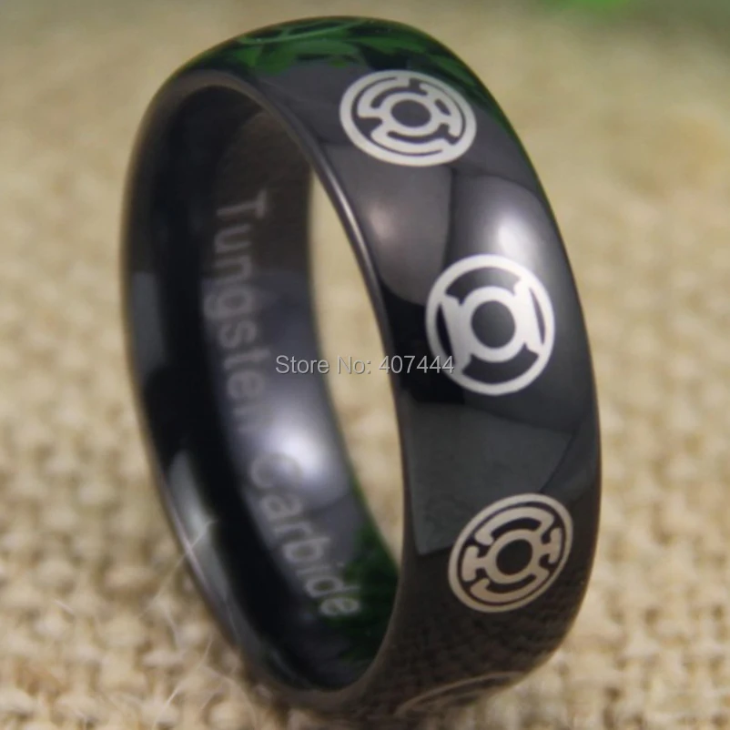 

Free Shipping USA UK Canada Russia Brazil Hot Sales 8MM Shiny Black Dome Green Lantern Darkest Night Men's Tungsten Wedding Ring