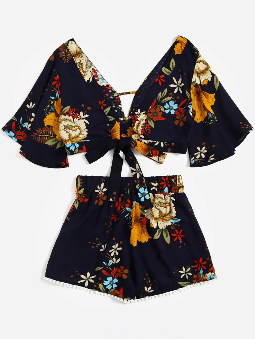 AZULINA Floral Plunging Neck Cropped Top and High Waisted Lace Trim Shorts Women Clothes Casual Two Piece Set Summer Twinset 8