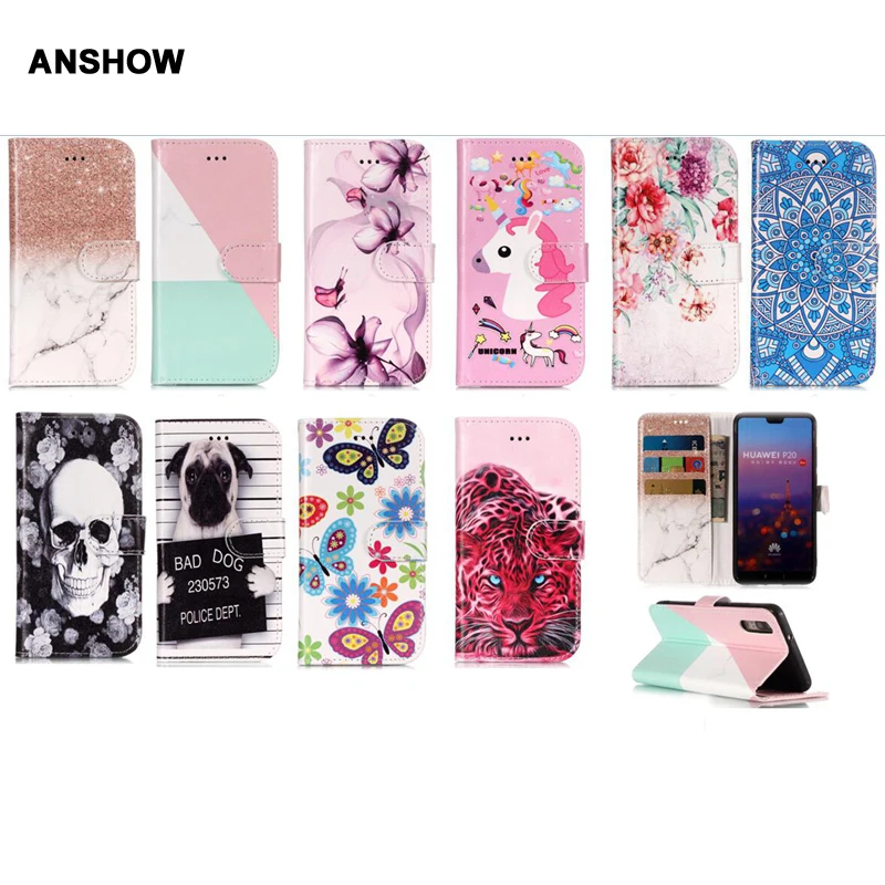

For Huawei P20 9 Lite Mate 10 Pro Leather Wallet Case Skull Flower Leopard Marble Rock Flip Cover Unicorn Pouch 50PCS
