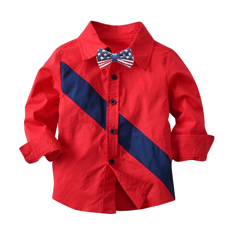 В красном и синем цветах, весенний комплект одежды для детей с изображением в стиле пэчворк длинный рукав; пуговицы на шнуровке, с бантом, хлопковая блузка, рубашка, Топ - Цвет: 100