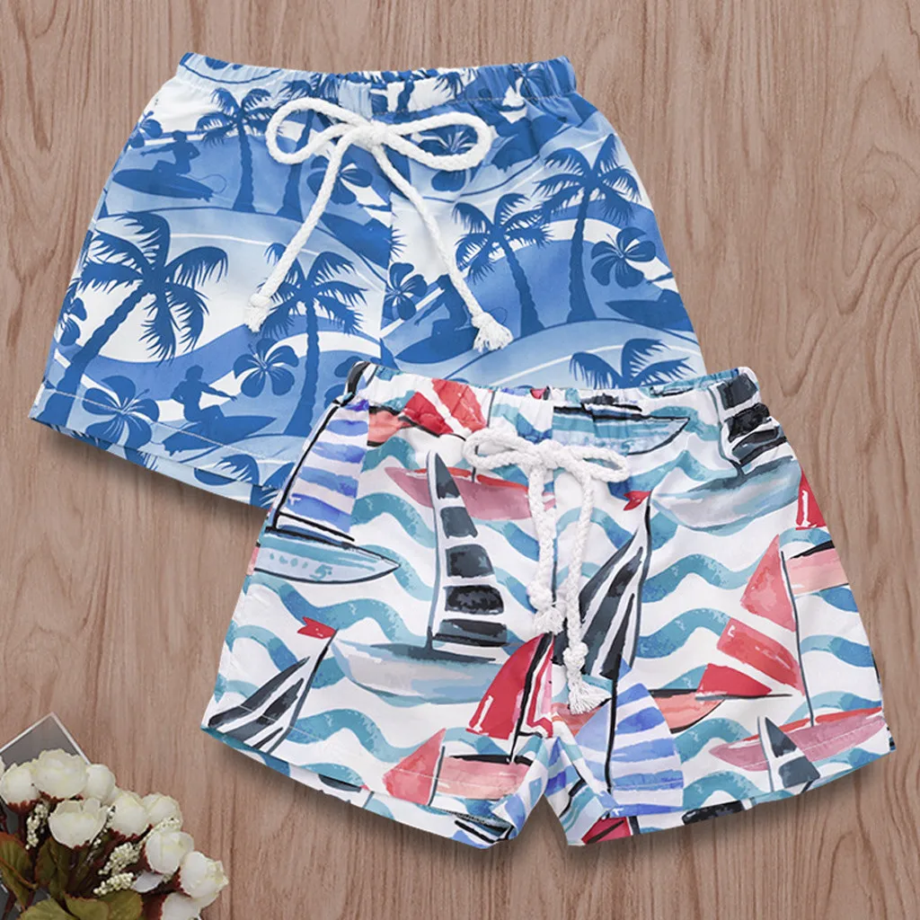 Шорты для малышей; пляжные шорты с эластичным поясом и гавайским принтом для маленьких мальчиков и девочек; Летняя мода