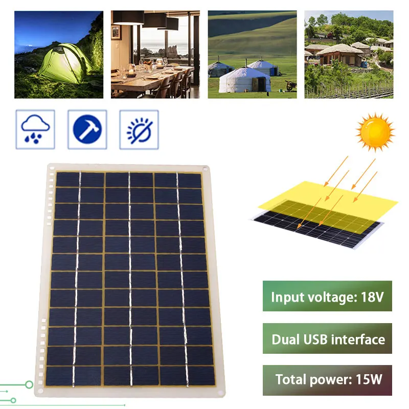 

18V 15W Polycrystalline Solar Panel Top Quality Portable Waterproof Solar Panel with Clips For Car Phone Charging Outdoor Sport