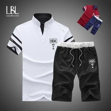 Letnia koszulka Polo męska koszulka Polo z krótkim rękawem + spodenki garnitur męski solidna koszulka oddychająca 2PC Top krótki zestaw Fitness Sportsuits zestaw mężczyzn