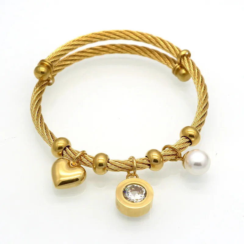 Модные браслеты с подвесками в форме сердца из нержавеющей стали золотого цвета для женщин, браслет ручной работы с жемчугом и хрустальными бусинами