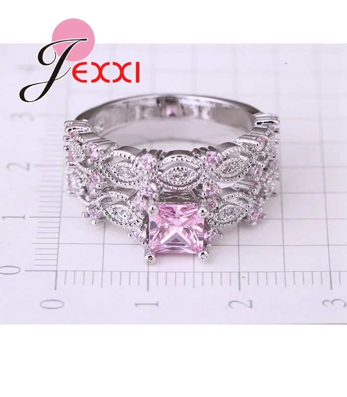 JEXXI Pure Love Pink CZ Cubic Zirconia Stone Ring Set S925 Stamped Silver Bridal Set For Engagement/Wedding Rings A Pair