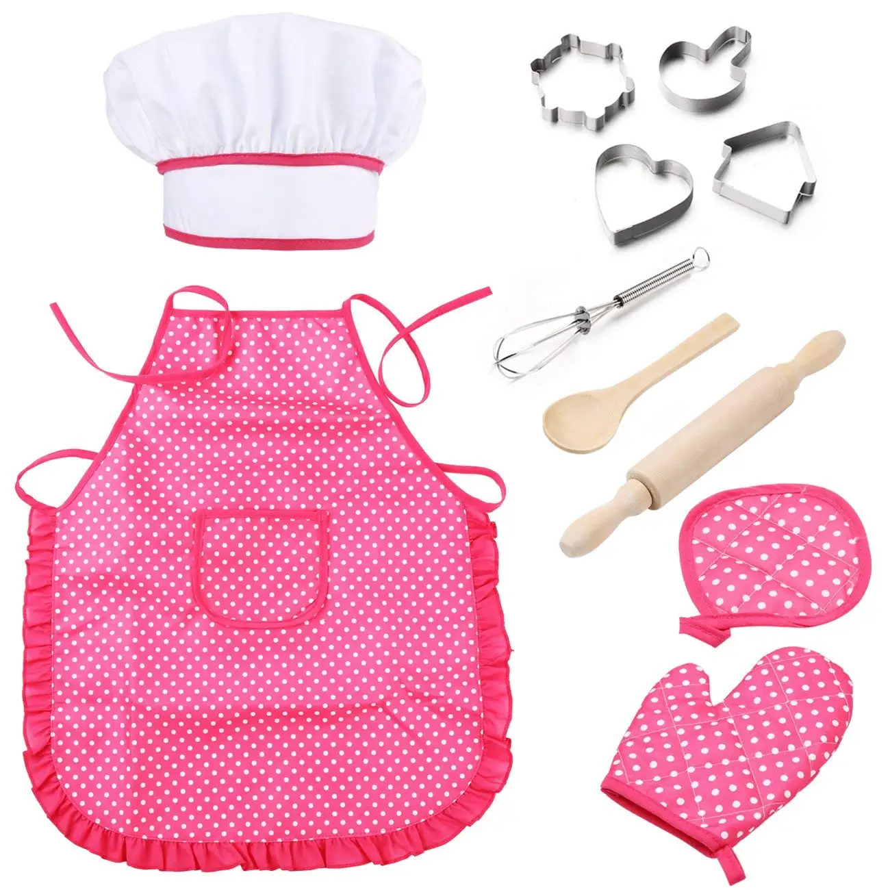 

Chef Set for Kids 11pcs Kitchen Costume Role Play Kits, Girls Apron with Chef Hat,Cooking Mitt and Cookie Cutters
