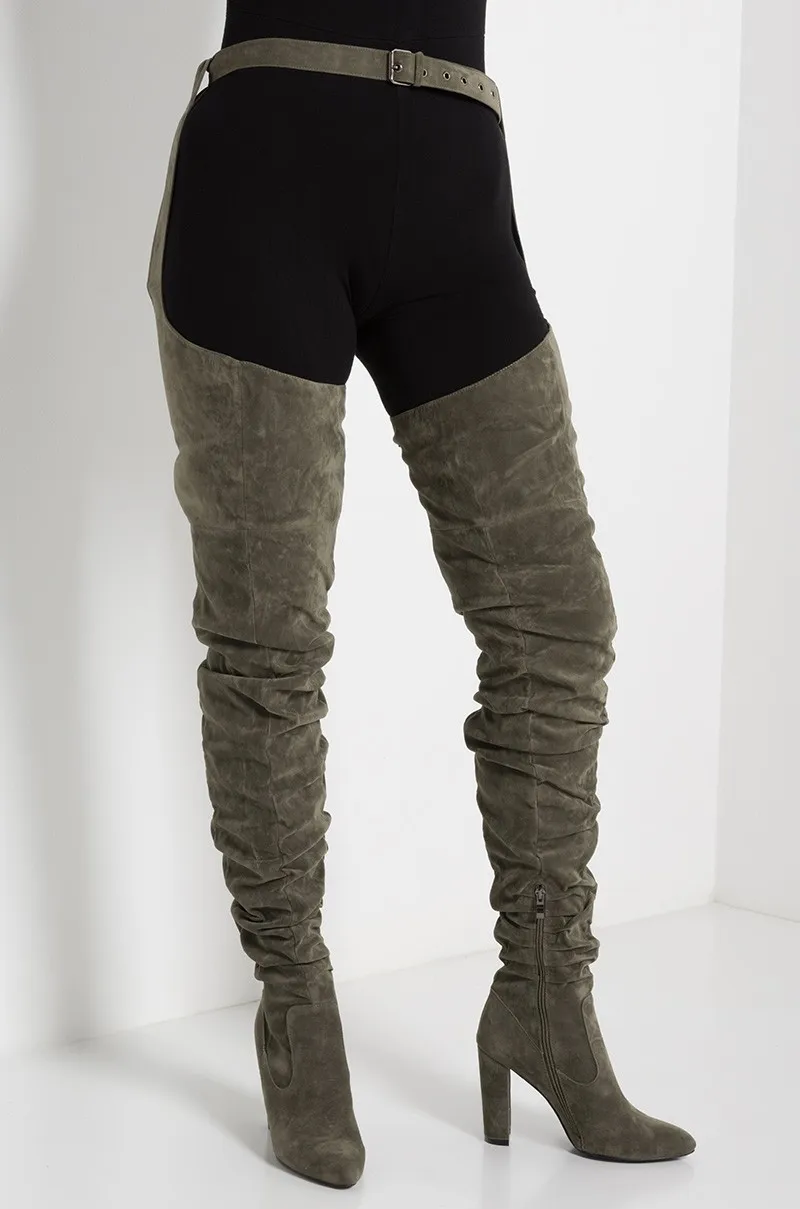 Por Plisado Tacones Cuadrado De Alta Sexy Negro Del Tacón La Muslo army Punta Gamuza Mujeres Encima Rodilla Green Black Moda Las Zapatos Botas wqIpqz