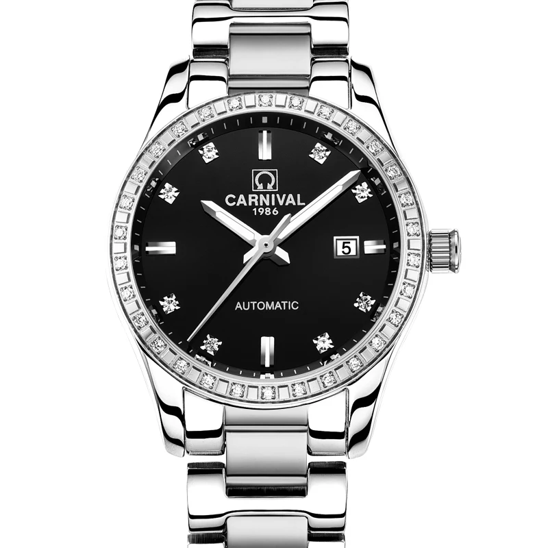 Розовое золото женские часы лучший бренд класса люкс карнавал автоматические часы женские календарь Сапфир водонепроницаемые светящиеся Montre femme - Цвет: Silver Black