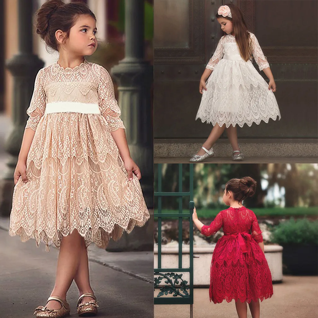 

Round-neck Outfits Toddler Kids Baby Girls Half Sleeve Lace Princess Sundress Formal Dress Vestido Infantil Menina