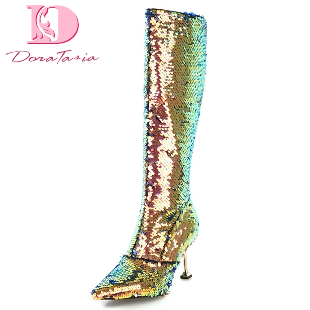 

Doratasia Sequin 2018 Large Size 32-43 Fashion Zip Up Women Shoes Woman Boots Thin Heels knee-high boots party woman Shoes