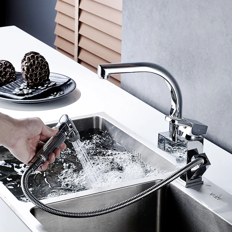 Pull Out Faucet Chrome Silver Swivel Kitchen Sink Mixer Tap Kitchen Faucet Single Handle Two Spouts 